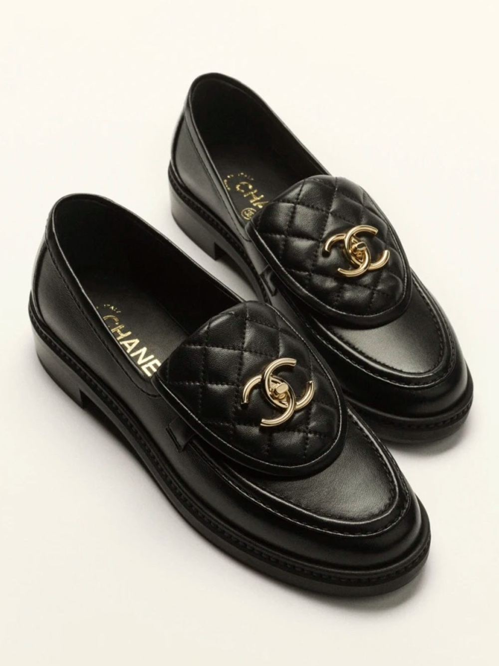 CHANEL Black Quilted Lambskin Leather CC Turnlock Loafers 37